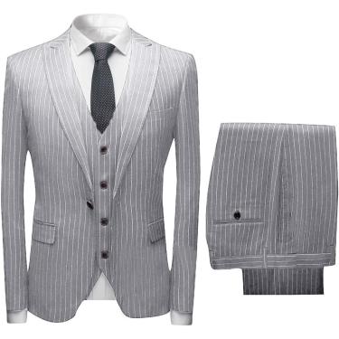 Imagem de Risca De Giz Masculina 3 Peças Terno Slim Fit único Breasted Negócios Festa De Casamento Jaqueta Colete Calças, Grey, 48
