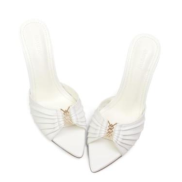 Imagem de iiimmu Sandálias de salto alto stiletto mules de 8,5 cm com bico fino e salto alto de couro sintético, Branco, 38