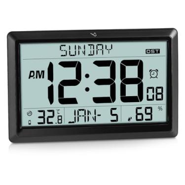 Imagem de SZELAM Relógio atômico, mostrador grande de 26,7 cm, relógio de parede digital operado por bateria, calendário digital, configuração automática, relógios de mesa com temperatura interna, umidade, data