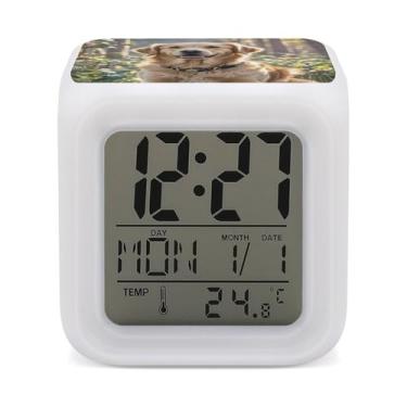 Imagem de RTFGHJS Despertador Golden Retriever Despertador Colorido Pequeno Display LED Despertador Digital Compacto Relógio Eletrônico para Quartos Cabeceira Mesa Prateleira Tamanho Único