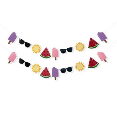 Imagem de Faixa de festa de verão - Decoração de piscina de praia tropical havaiana com luz solar, óculos de sol, melancia, design de sorvete - Guirlanda rústica para aniversário, manto de lareira, decorações