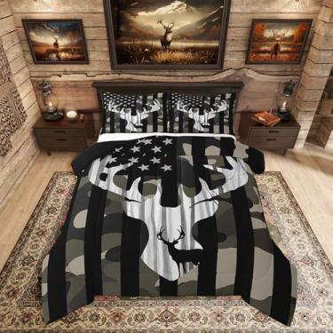 Imagem de Erosebridal Jogo de cama camuflado, bandeira americana, para meninos, adolescentes, crianças, rústica, veado, caça, floresta e plumas, edredom casal, campo, fazenda, camuflagem, floresta, verde,
