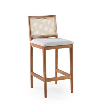 Imagem de Banqueta Alta de Madeira Turquesa Estofada com Encosto em Palha - Nobr