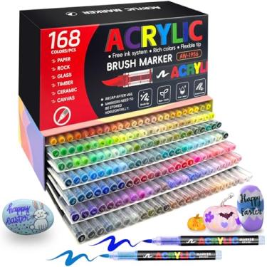 Imagem de HYHJMISTY Marcadores de tinta acrílica de 168 cores, canetas de tinta acrílica à base de água, para papel, vidro, pedra, cerâmica, tecido, madeira, tela, pintura rupestre e materiais de arte de