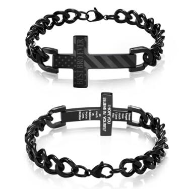 Imagem de Saintda Pulseira masculina com cruz de bênçãos da bandeira americana, corrente cubana preta de aço inoxidável ajustável de 34,3 cm, joia religiosa cristã, presente para ele, Medium, Sem Pedra Preciosa