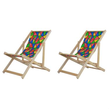 Imagem de Kit 2 Espreguiçadeiras Preguiçosa Dobrável sem Braço Madeira Maciça com Tecido Colorido