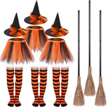 Imagem de Mepase Conjunto de 12 peças de tutu de bruxa de Halloween para mulheres, inclui chapéu tutu listrado até a coxa, fantasia de vassoura de bruxa (laranja)