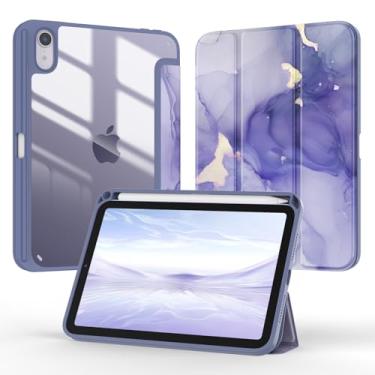 Imagem de Jarviwiin Capa para iPad mini 7 (A17 Pro), iPad mini 6ª geração 21.1 cm, Slim Folio Tri-Fold Smart Auto Wake/Sleep com capa traseira transparente para iPad mini 7ª 6ª geração 21.1 cm (roxo mármore)
