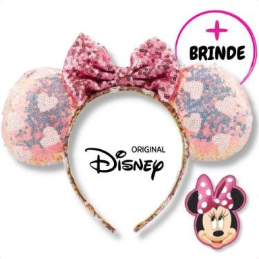 Imagem de Tiara Minnie Rosa Orelinha Brilhante Arquinho Coroa Arco Diadema Laço 