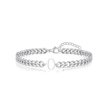 Imagem de TOLOWOBK Pulseira inicial combinando para casais, prata, letra A-Z, aço inoxidável, corrente de elos cubanos, pulseiras masculinas, presentes de aniversário e Natal para homens, mulheres, adolescentes
