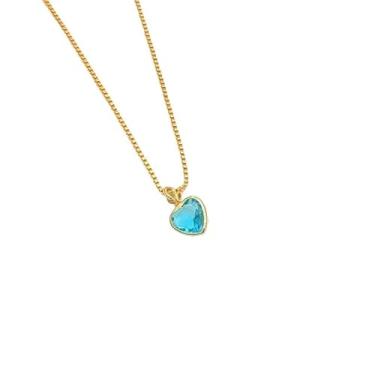 Imagem de Colar feminino elegante com pingente de zircônia colorida em formato de coração, banhado a prata 925 ou ouro 18k(Ouro-Azul Bebê)