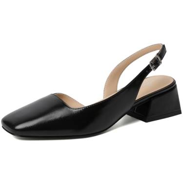 Imagem de Mostrin Sapato social feminino de salto alto grosso D'Orsay Slingback salto bloco fechado bico quadrado para trabalho, escritório, dia a dia, casamento, Preto nº 02, 39