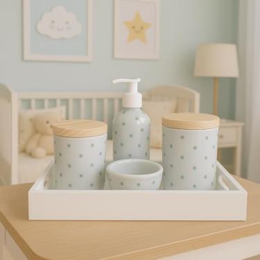 Imagem de Kit Higiene poá Bebê em Porcelana, Bandeja Branca, 4 Peças, Potes com Tampa de Madeira, Dispenser, Porta Algodão, Decorativo para Quarto Infantil (Poa verde)