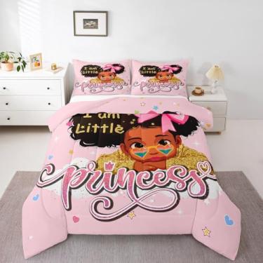 Imagem de Conjunto de edredom feminino preto tamanho solteiro bonito Afro Melanina conjunto de cama infantil para meninas meninas negras desenho animado edredom 2 peças, 1 colcha rosa e 1 fronha