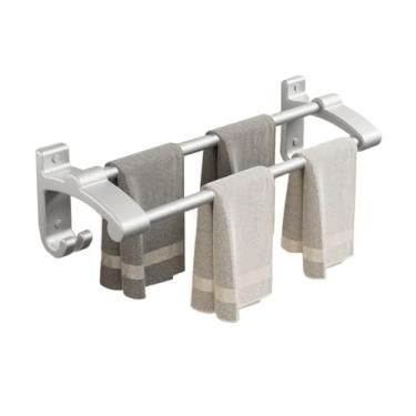 Imagem de Prateleiras de banheiro barra de toalha de banho, gancho de toalha de alumínio espesso com 2 varões de toalha e 2 ganchos, suporte de toalha de parede sem barra de toalha de perfuração, suporte de