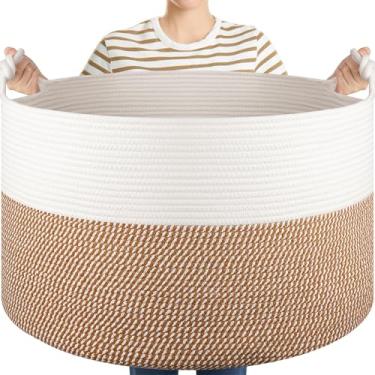 Imagem de OIASKET Cesta grande de armazenamento para sala de estar, cesta de corda de algodão 105L com alças, armazenamento de brinquedos para bebês, cesto de roupa suja para roupas, travesseiros, toalhas
