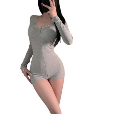 Imagem de SENJIY Lingerie sexy para mulheres, roupa casual de ioga, cosplay, babydoll, manga comprida, roupa de dormir, anime, dramatização, lounge, macacão curto, colado ao corpo, conjunto com zíper, cinza