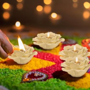 Imagem de Uiifan 4 peças de suporte de cerâmica flor de lótus para velas de 10 x 11 x 4 cm pétalas votivas de flor votiva suporte de vela para altar diwali casa peitoril de janela festa decoração de casamento, branco