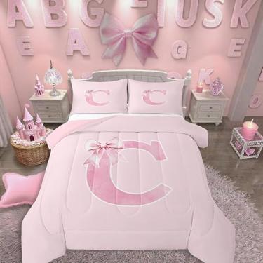 Imagem de Erosebridal Jogo de cama casal com laço rosa com inicial rosa, conjunto de edredom com monograma, letra C, presente de aniversário, colcha para ela, decoração de quarto feminino exclusivo para