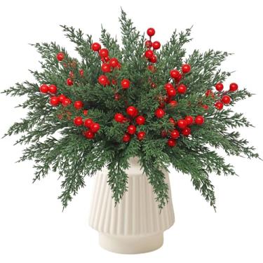 Imagem de Weldomcor 40 peças de hastes artificiais de pinheiro com frutas vermelhas, folhas falsas de cipreste de Norfolk, raminhos de cedro perenes falsos para artesanato faça você mesmo, decoração de Natal e