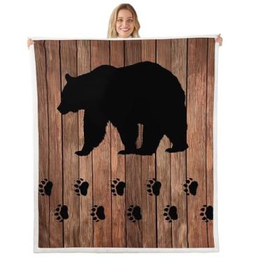Imagem de Manta de urso preto 127 x 152 cm, manta de lã de lã marrom rústica para casa de fazenda, cobertor de lã de lã de ovelha leve para sofá e sofá, decoração de patas de urso, quente, macio, aconchegante