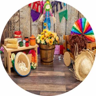 Imagem de Painel de Tecido Sublimado Redondo Festa Junina Cenário Arraiá c/ Elás