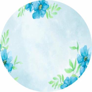 Imagem de Painel de Festa Tecido Sublimado Redondo Flores Azuis Aquarela Fundo D