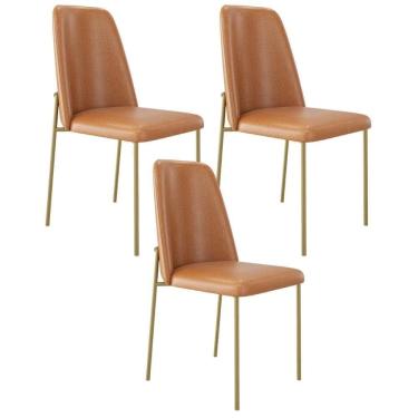Imagem de Kit 03 Cadeiras Decorativa Estofada Para Sala De Jantar Dourada Bella L02 Couríssimo Whisky - Lyam Decor