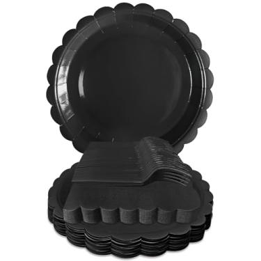 Imagem de WYQJHKV Pratos e guardanapos de papel preto, pratos de sobremesa descartáveis recortados pretos de 17 cm, garfo de guardanapo, suprimentos de festa para casamento, chá de bebê, aniversário (25
