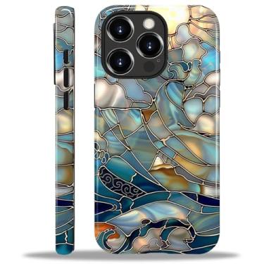 Imagem de CARLOCA Compatível com capas 2 em 1 de silicone brilhante para iPhone 15 Pro para MagSafe oferece proteção abrangente para iPhone 15 Pro com design de sol e ondas do mar de vidro manchado