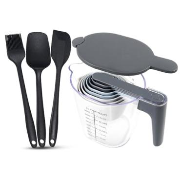 Imagem de Recogwood Conjunto de 13 copos medidores e colheres com conjunto de espátula de silicone preto de 3 peças, livre de BPA, pode ser lavado na lava-louças