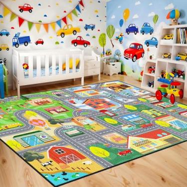 Imagem de Jiospet Tapete de carro para sala de jogos infantil - Tapete de estrada para quarto de meninos, tapete de brincar com trilhos de estrada, tapete de brincar de carro, 12 x 1,8 m