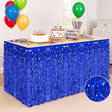 Imagem de Saia de mesa azul marinho, pacote com 2 saias de mesa de grama azul, saias de mesa patrióticas metálicas onduladas com franjas, saias de cortina de mesa para formatura, festa de desfile de Natal de 4