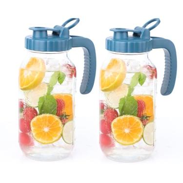 Imagem de Jarra de vidro de 1,8 l com tampa, conjunto de 2 jarras de vidro de 1,8 litro de boca larga, jarra de água fria e quente de 2 litros, para exterior, para geladeira, limonada, bebidas, leite, suco