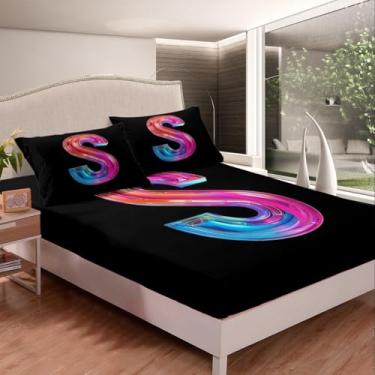 Imagem de jejeloiu Jogo de lençol Queen com tema do alfabeto com letra P, 3 peças, para crianças, meninos, meninas, adolescentes, roxo, azul, preto, colorido, bolso profundo