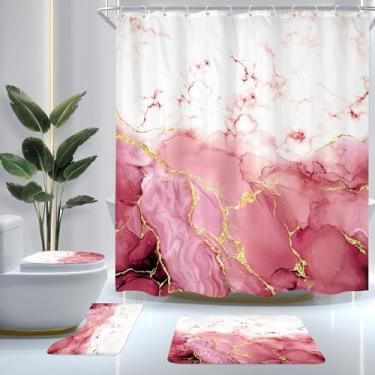 Imagem de Cinbloo Conjunto de 4 peças de cortina de chuveiro de mármore vermelho, cortina de banheiro moderna minimalista abstrata bordô dourado linhas rachadas com tapete, tampa de vaso sanitário, tapete de
