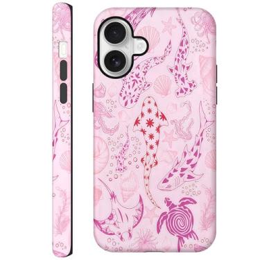 Imagem de CAINAT Capas estéticas para iPhone 16, tubarões rosa, tartarugas, conchas, algas marinhas, capa protetora rígida híbrida de 2 camadas para mulheres e meninas