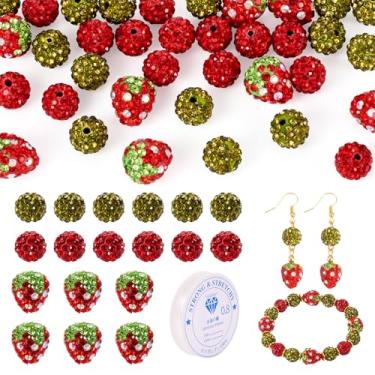 Imagem de KISSITTY Kit de 40 pulseiras de contas de argila de polímero de morango, contas de strass redondas de cristal, contas coloridas de bola de discoteca com cordão elástico para pulseiras, colares