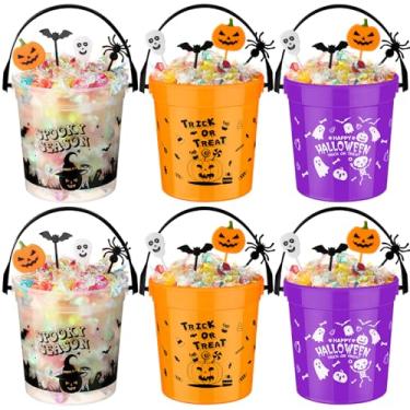 Imagem de Bucherry 6 peças de balde de doces de Halloween com morcego de abóbora, aranha, caveira, suporte de plástico para doces, cesta de doces de Halloween com alça para artigos de festa e decoração de casa