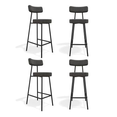 Imagem de Kit 04 Banquetas Alta Cozinha Kobe Estofada com Encosto Linho Grafite - Desk Design