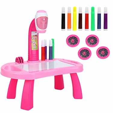 Imagem de Conjunto de pintura de projetor para crianças, placa de desenho de projeção infantil, mesa de aprendizagem com projetor inteligente para aprender a desenhar conjunto de brinquedos para crianças (rosa)