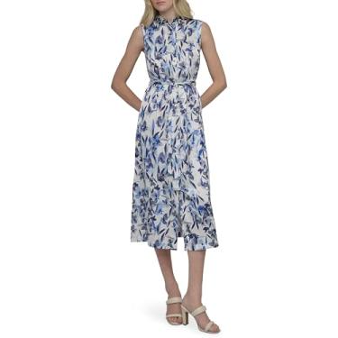 Imagem de DKNY Vestido midi feminino sem mangas com gola e botão frontal, Creme/íris, 44