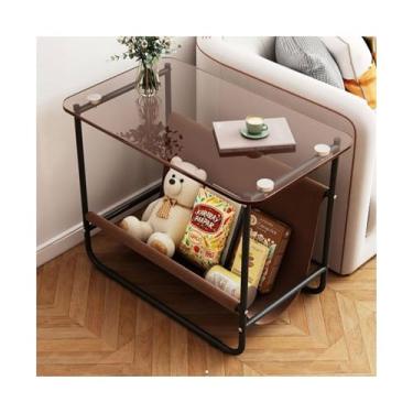 Imagem de Mesa lateral minimalista moderna com cesta de armazenamento, mesa de canto para sala de estar, mesa de cabeceira lateral para quarto, sofá de lanche com tampo de vidro temperado e molduras de metal