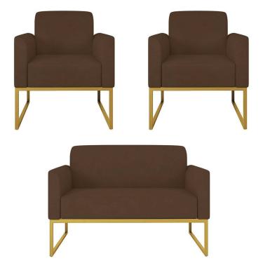 Imagem de Kit Namoradeira e 2 Poltronas Decorativas Base Industrial Dourada Maressa S06 Suede Marrom - Ibiza