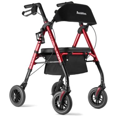 Imagem de Cadeira de Rodas Rollator Ambliss, 20cm de Rodas, 136kg, Dobrável, Cesta, Encosto Largo, Altura Ajustável, Vermelho