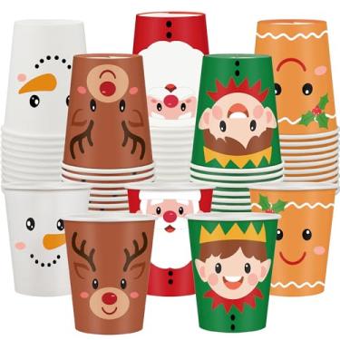 Imagem de 50 peças de copos de papel de Natal 255 g Xícaras de café descartáveis de Natal, boneco de neve, papai noel, pão de gengibre, copo de festa de Natal para bebidas quentes e frias, chocolate, cacau, chá