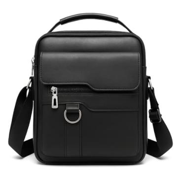 Imagem de Dynamart Bolsa Tiracolo Masculina, Couro Sintético PU, Preta, Design Vintage, Alça Ajustável, Compartimentos com Zíper, para Trabalho e Viagem, 22x6x26 cm (Preto)