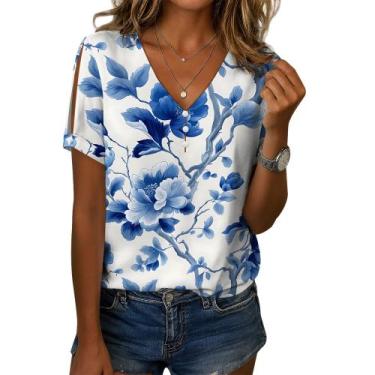 Imagem de Camisa feminina Medlor, manga curta, floral, solta, decote em V, 2025,