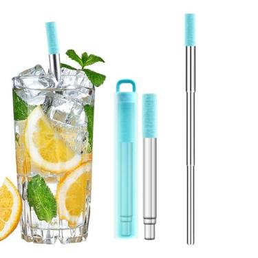 Imagem de Canudos de metal reutilizáveis, canudo dobrável de aço inoxidável com ponta de silicone e escova de limpeza – canudo de metal telescópico portátil com capa, ecológico, perfeito para bebidas quentes e