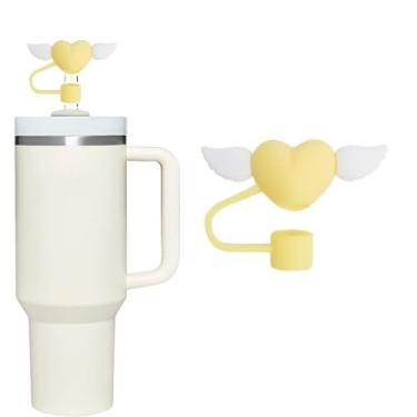 Imagem de Coração amarelo asas brancas capa de palha de silicone para tampas de palha de 10 mm para acessórios de copo Stanley, bonito topo de palha para copos, tampa de palha para tampas de ponta de canudos